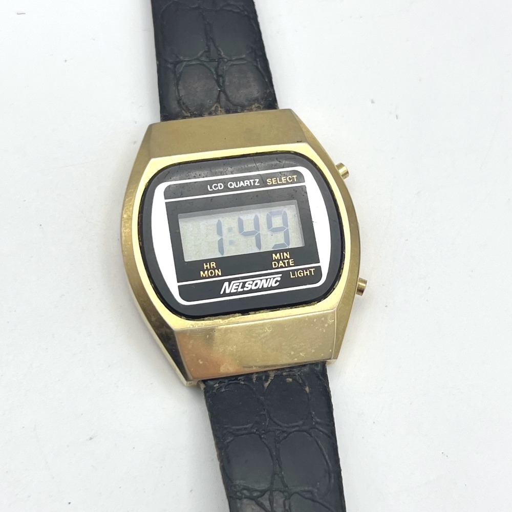 Vintage Nelsonic LCD Quartz Digital Watch Gold Tone Black Strap MZ Berger